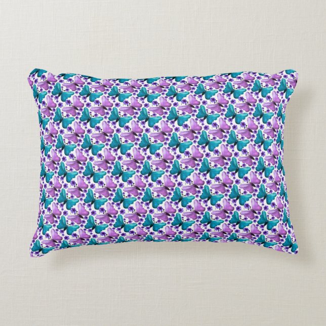 Teal purple butterfly floral pattern  decorative cushion (Front)