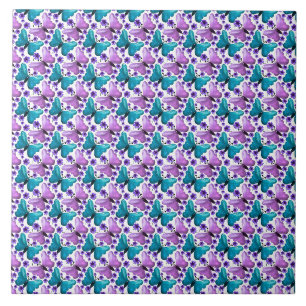 Teal purple butterfly floral pattern tile
