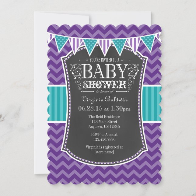 Teal Purple Chalkboard Chevron Baby Shower Invite (Front)
