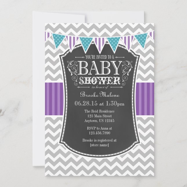 Teal Purple Chalkboard Chevron Baby Shower Invite (Front)