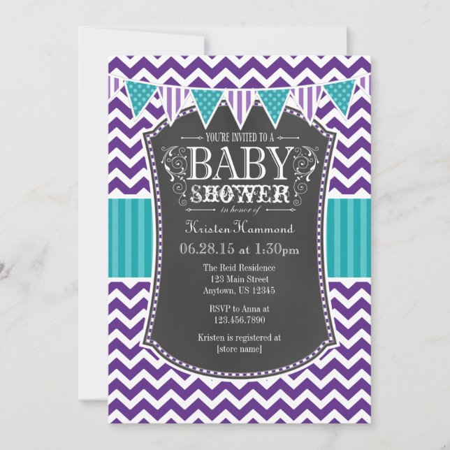 Teal Purple Chalkboard Chevron Baby Shower Invite (Front)