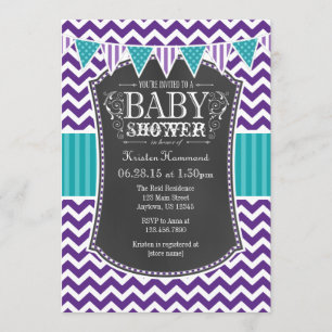 Teal Purple Chalkboard Chevron Baby Shower Invite