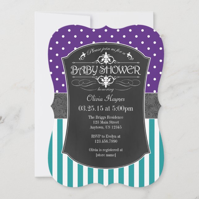 Teal Purple Chalkboard Stripes Baby Shower Invite (Front)