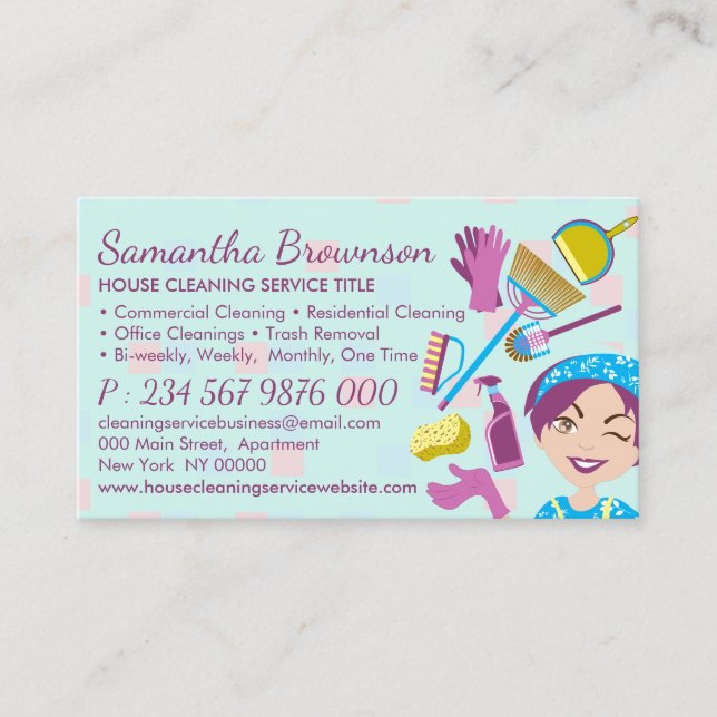 Teal Purple Cleaning Janitorial Maid Housekeeping Business Card (Front)
