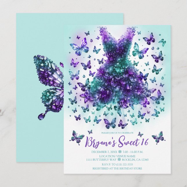 Teal & Purple Crystal Butterfly Dress  Invitation (Front/Back)