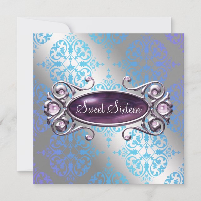 Teal Purple Damask Sweet 16 Birthday Party Invitation (Front)