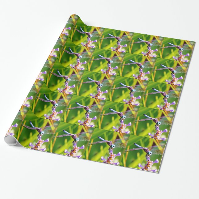 Teal & purple Dragonfly Wrapping Paper (Unrolled)