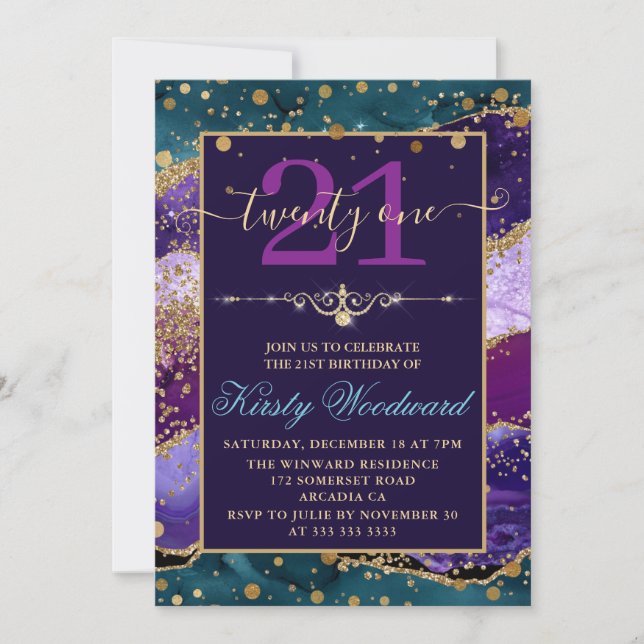 Teal & Purple & Faux Gold Glitter Agate Birthday Invitation (Front)