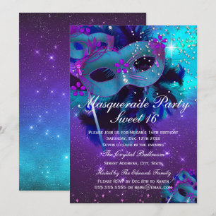 Teal Purple Feather Jewel Mask Masquerade Invite