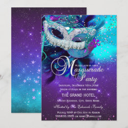 Teal Purple Feather Mask Masquerade Birthday 2 Invitation
