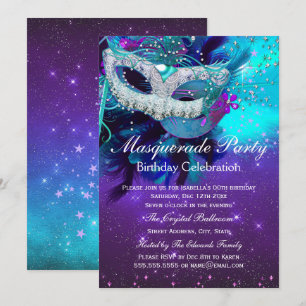 Teal Purple Feather Mask Masquerade Birthday Invitation