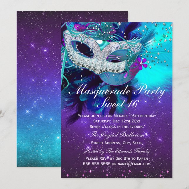 Teal Purple Feather Mask Masquerade Invitation (Front/Back)