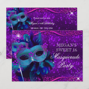 Teal Purple Feather Mask Masquerade Sweet 16 Invitation