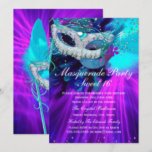 Teal Purple Feather Masked Masquerade Party Invitation
