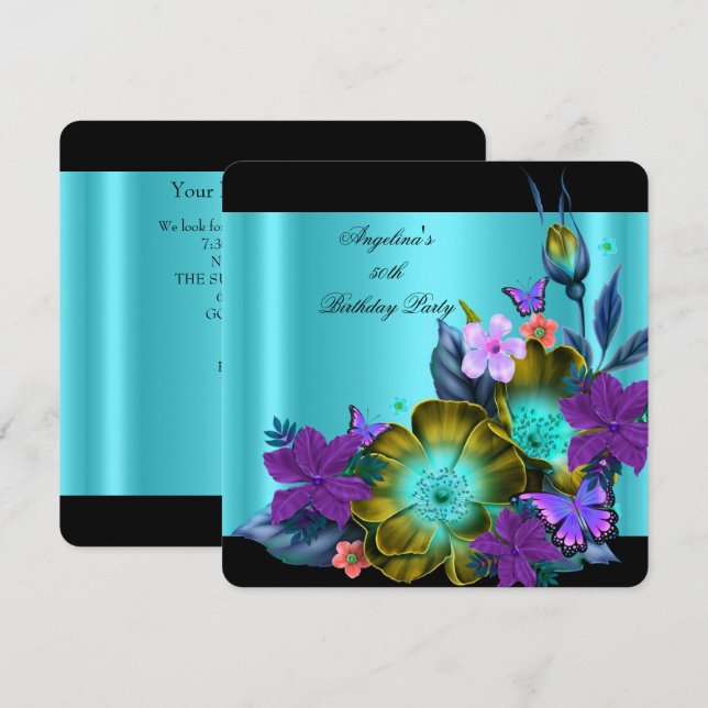 Teal Purple Floral Black Gold Birthday Party 2 Invitation (Front/Back)