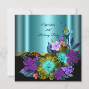Teal Purple Floral Black Gold Birthday Party Invitation