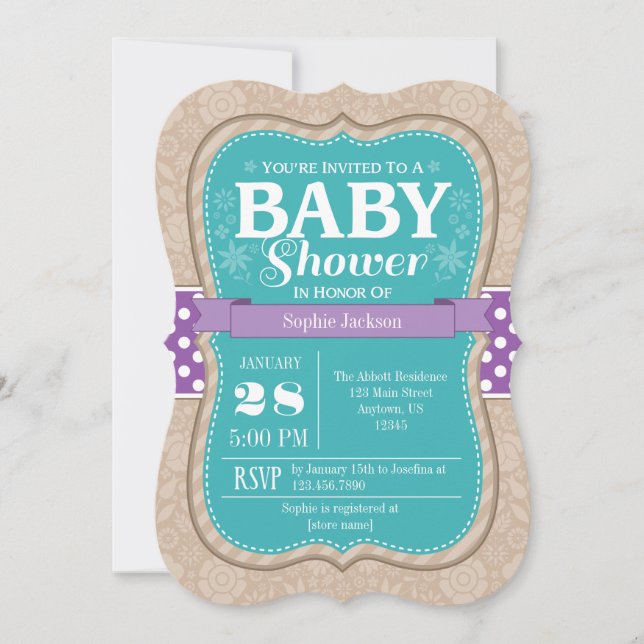 Teal Purple Floral Flower Baby Shower Invitation (Front)