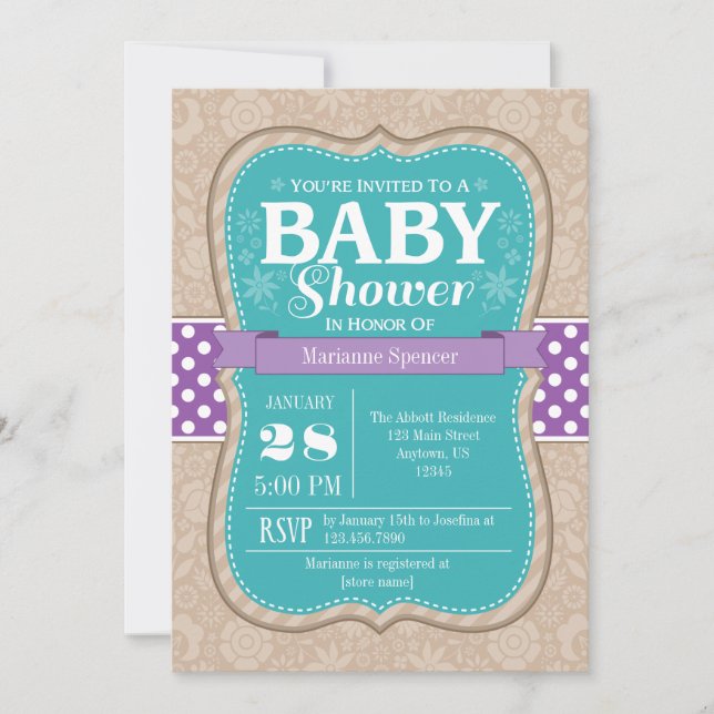 Teal Purple Floral Flower Baby Shower Invitation (Front)