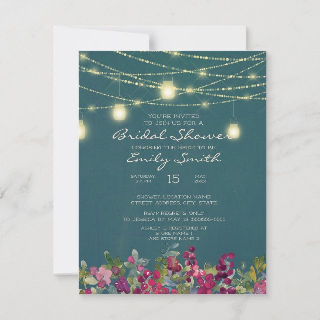 Teal Purple Floral String Lights Bridal Shower Invitation (Front)