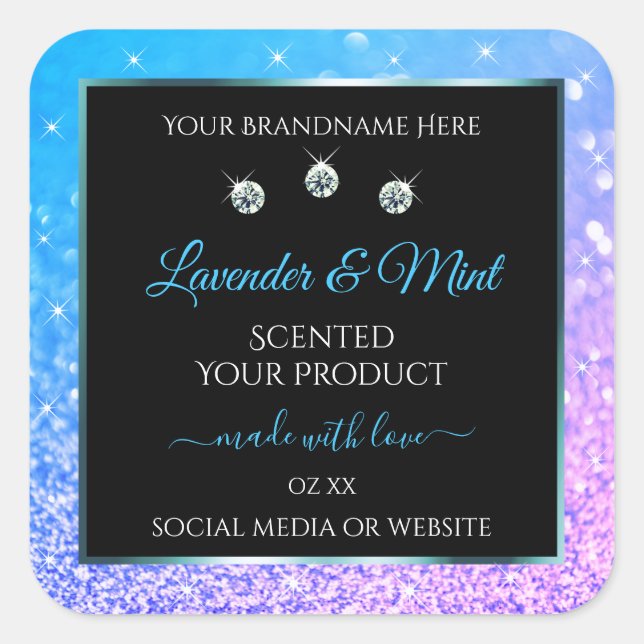 Teal Purple Glitter Black Product Labels Diamonds (Front)
