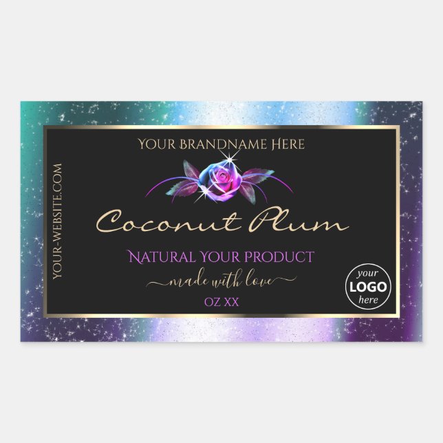 Teal Purple Glitter Black Product Labels with Logo (Front)