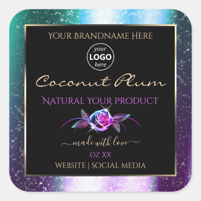 Teal Purple Glitter Black Product Labels with Logo (Front)
