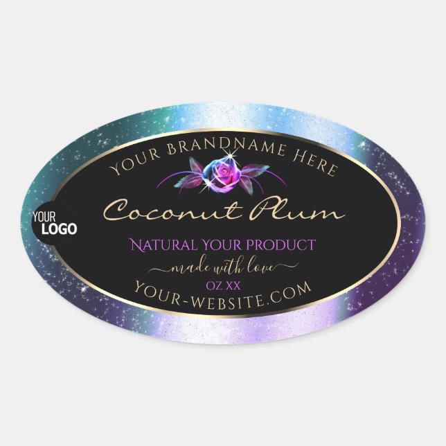 Teal Purple Glitter Black Product Labels with Logo (Front)