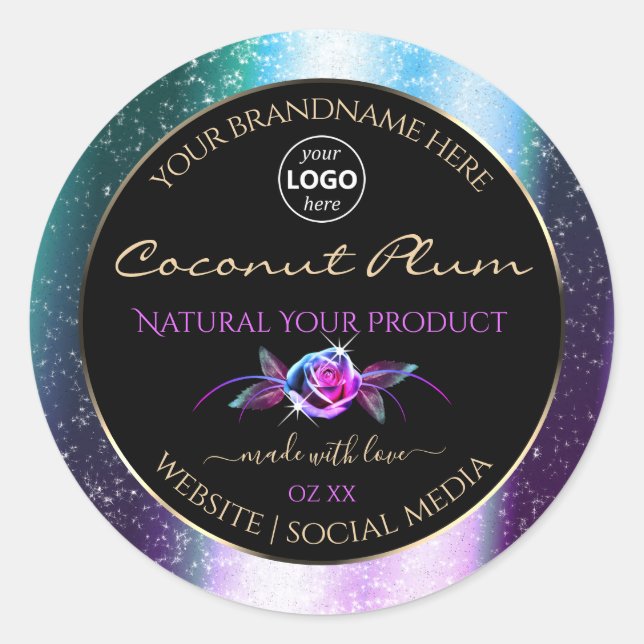 Teal Purple Glitter Black Product Labels with Logo (Front)