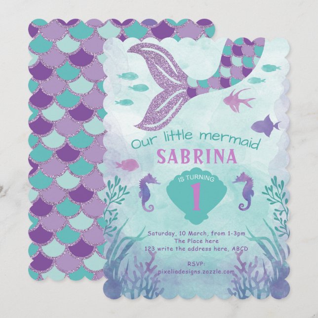 Teal, Purple, Glitter, Mermaid, Girl Birthday Invitation (Front/Back)