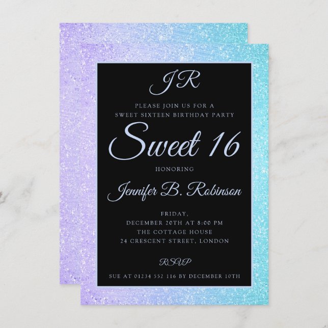 Teal Purple Glitter Sweet 16 Birthday Monogram Invitation (Front/Back)
