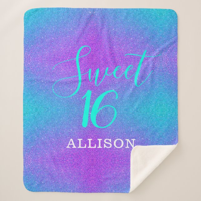 Teal Purple Glitter Sweet 16 Girls Personalised Sherpa Blanket (Front)