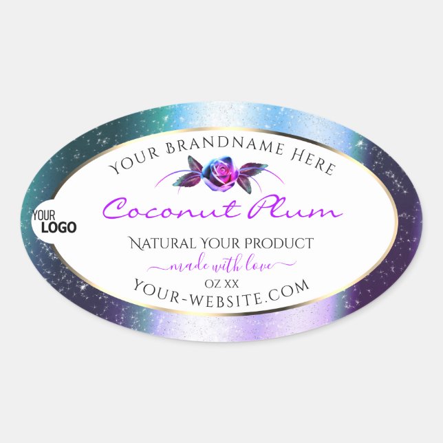 Teal Purple Glitter White Product Labels with Logo (Front)