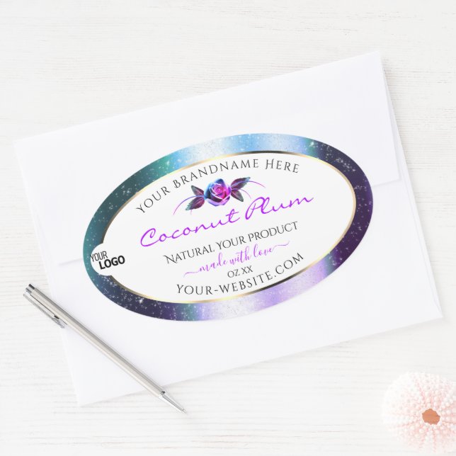 Teal Purple Glitter White Product Labels with Logo (Envelope)