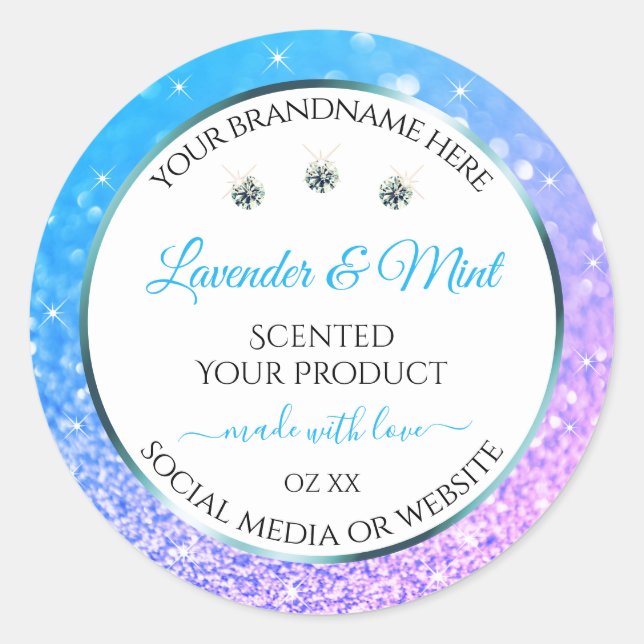 Teal Purple Glitter White Product Packaging Labels (Front)