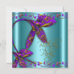 Teal Purple Gold Floral Birthday Party Invitation