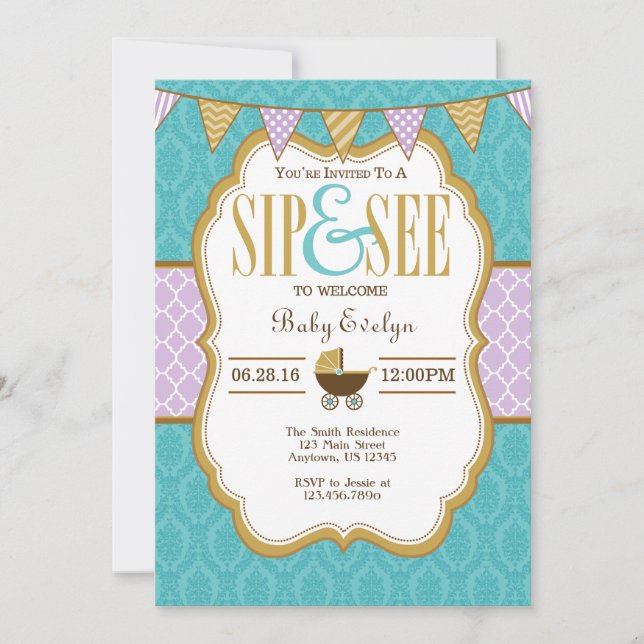 Teal Purple Gold Sip And See Invitation (Front)