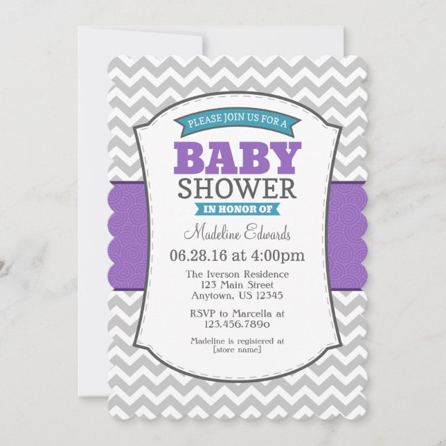 Teal Purple Grey Chevron Baby Shower Invitation (Front)