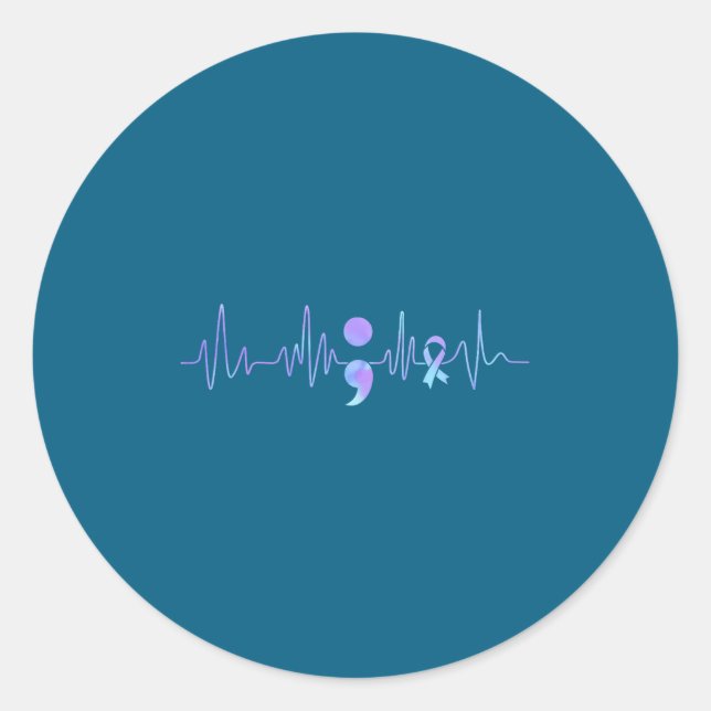 Teal Purple Heartbeat Semicolon Suicide Prevention Classic Round Sticker (Front)
