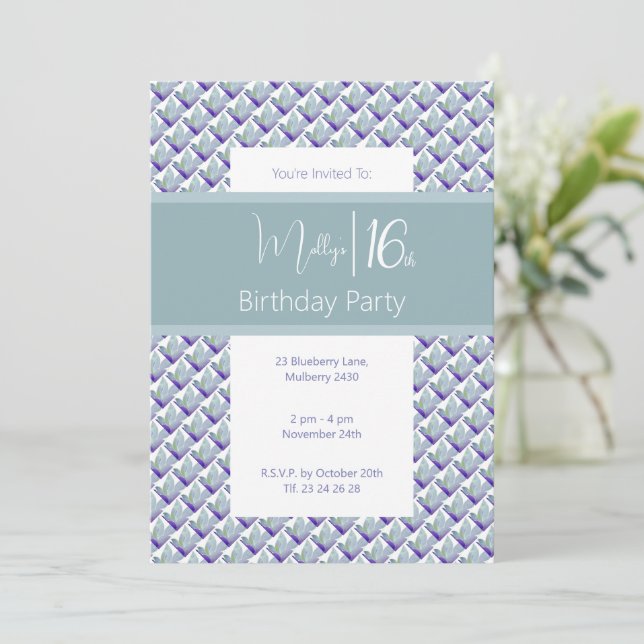 Teal Purple Hue Magnolia Sweet 16th Birthday Party Invitation (Standing Front)