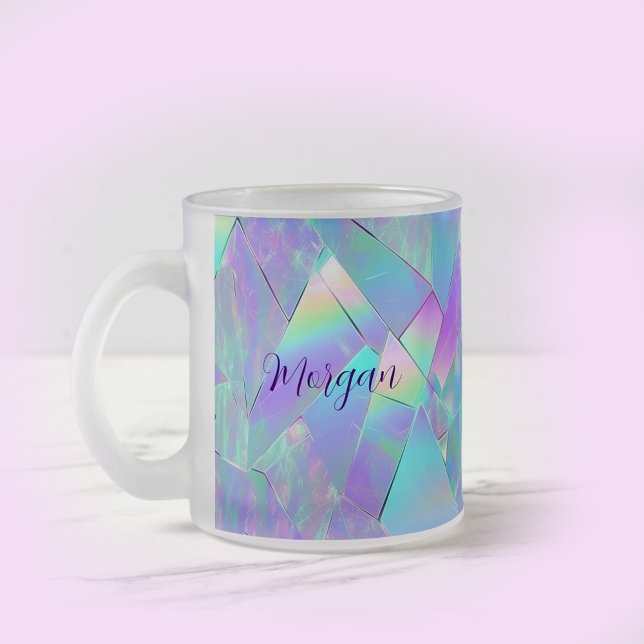 Teal & Purple Iridescent Design 2, Script Name Frosted Glass Coffee Mug (Creator Uploaded)