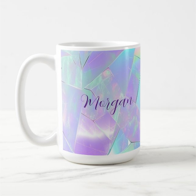 Teal & Purple Iridescent Design, Script Name Coffee Mug (Left)