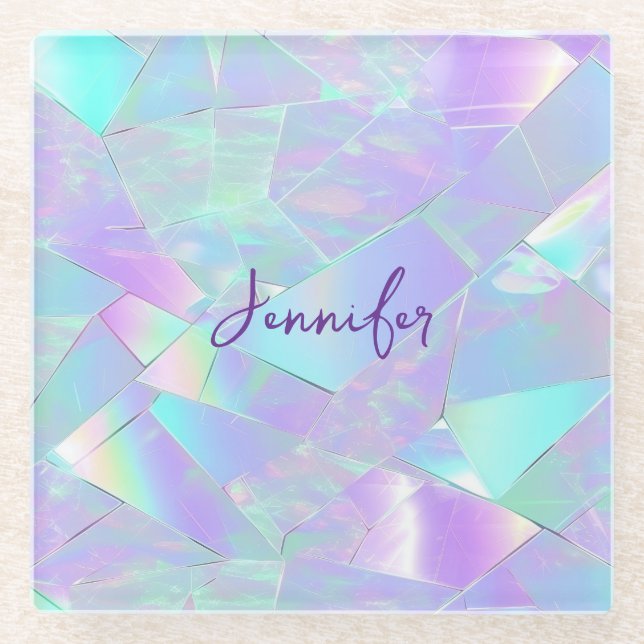 Teal & Purple Iridescent Design, Script Name Glass Coaster (Front)