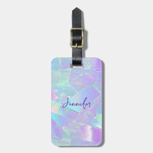 Teal & Purple Iridescent Design, Script Name Luggage Tag (Front Vertical)