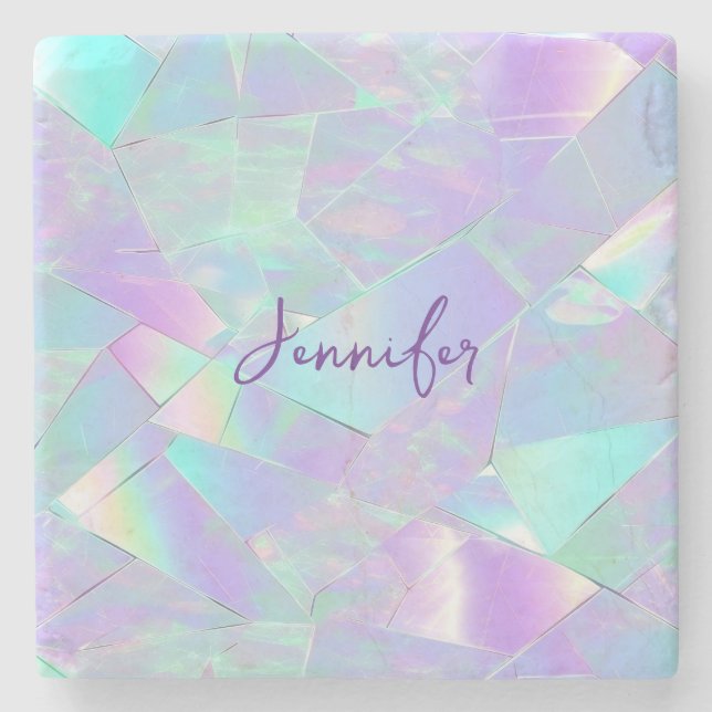 Teal & Purple Iridescent Design, Script Name Stone Coaster (Front)