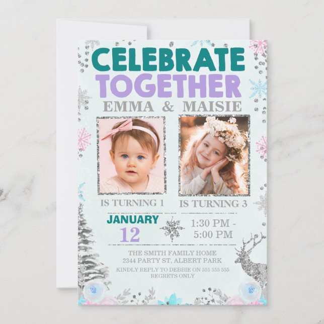 Teal Purple Joint or Twins Winter Themed Birthday Invitation (Front)