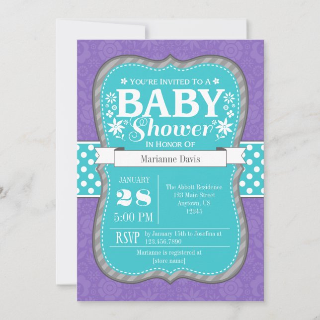 Teal Purple Lavender Flower Baby Shower Invitation (Front)