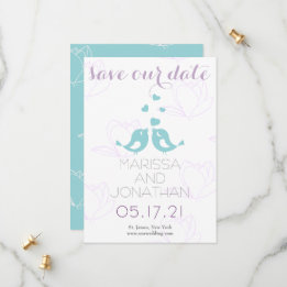 Teal/Purple Lovebirds Save the Date Card