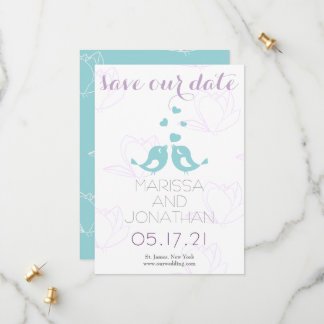 Teal/Purple Lovebirds Save the Date Card