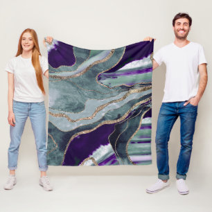 Teal Purple Marble Agate Gold Glitter Glam #1  Fleece Blanket