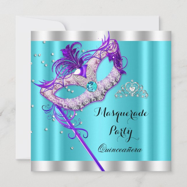 Teal Purple Masquerade Quinceanera Party Mask Invitation (Front)